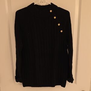 Talbots Black Ribbed Turtleneck Sweater with Gold Buttons